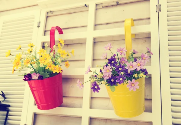 Hanging Flower Pots with fence — Stock Photo, Image