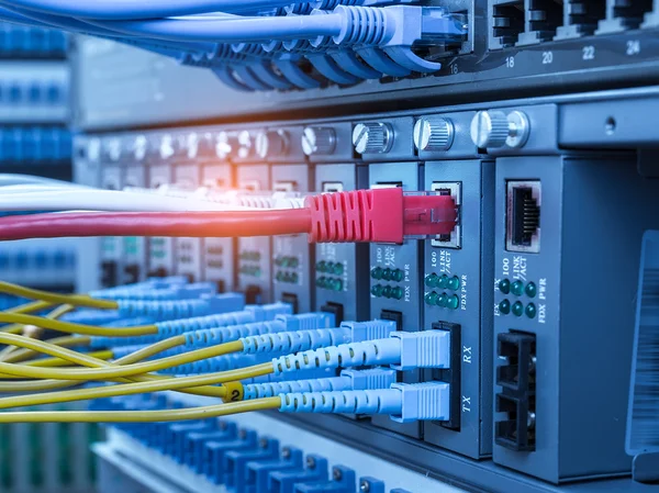 Cables de fibra óptica conectados a puertos ópticos y cable de red —  Fotos de Stock