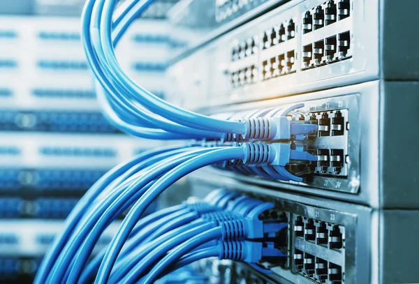 Cables de red conectados en conmutadores de red —  Fotos de Stock
