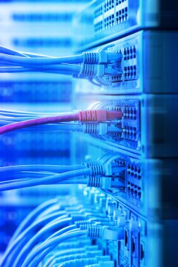 Ağ kabloları ve hub closeup fiber optik arka plan