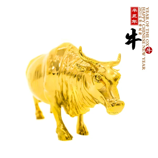 传统的中国金牛雕像 2021年是牛年 汉字翻译 左边的中文措辞和印章的意思是 中国历年的日历 — 图库照片