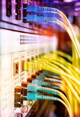 Fiber Optik kablolar ethernet portlarına bağlı optik port ve ağ kablolarına bağlı