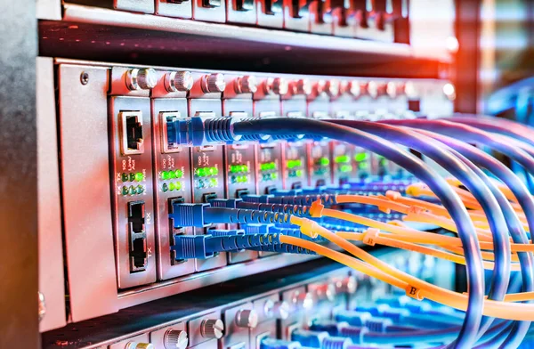 Fiber Optik Kablolar Ethernet Portlarına Bağlı Optik Port Kablolarına Bağlı — Stok fotoğraf