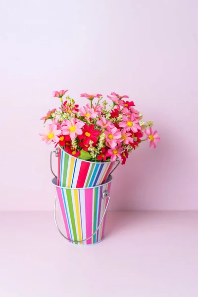 Beautiful Bouquet Colorful Artificial Flowers Metal Stripes Pot Isolated Pink — Stock Photo, Image