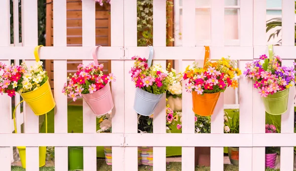 Hanging Flower Pots Fence — Stock Photo, Image