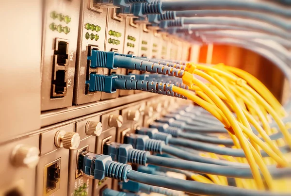 Fiber Optic cables connected to optic ports and UTP, Network cables connected to ethernet ports