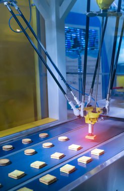 Gıda endüstrisi için bir imalat fabrikasında bisküvi üretiminde konveyör kullanan vakumlu emicilerle otomatikleştirilmiş robot.