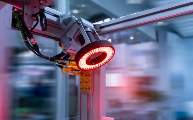 Endüstri 4.0 ve teknoloji konsepti için imalat endüstrisindeki akıllı robotlar. Zenginlik fabrikasındaki robotik görüş sensör kamera sistemi