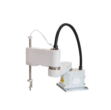 Sıkıştırılmış hava fabrikası üretimindeki robotik pnömatik piston emme ünitesi beyazda izole edildi.