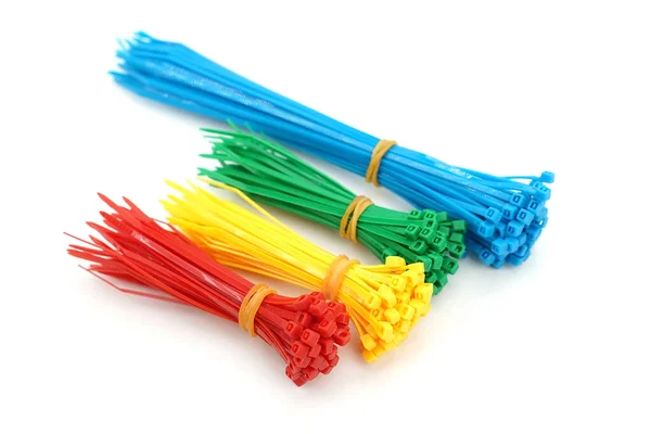 Diferentes Colores Lazos Cable Nylon Plástico Primer Plano Sobre Fondo —  Fotos de Stock