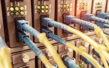 Fiber Optik kablolar optik portlara ve UTP 'ye bağlandı, ethernet portlarına bağlı ağ kabloları