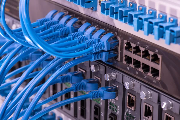 Interruttore di rete e cavi ethernet, concetto di data center — Foto Stock
