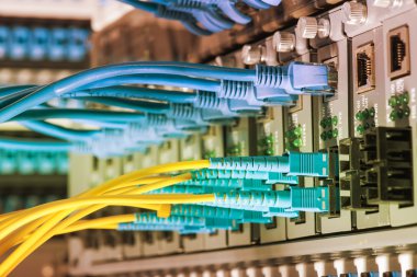 Fiber optik kabloların bağlı bir optik bağlantı noktaları ve ağ kablosu