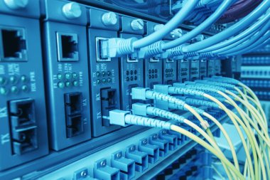 Fiber optik kabloların bağlı bir optik bağlantı noktaları ve ağ kablosu