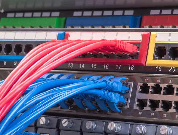 Conmutador de red y cables Ethernet, concepto de centro de datos. — Foto de Stock