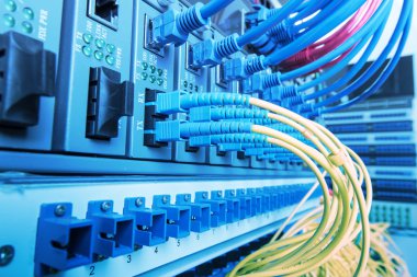 Fiber Optic cables connected to an optic ports and Network cable clipart