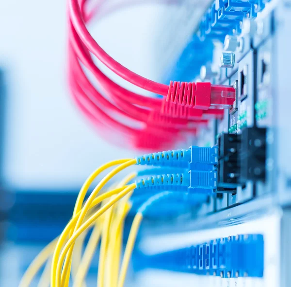 Fiber Optic cables connected to an optic ports and Network cable — Stock Photo, Image