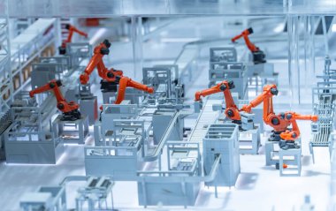 Otomatik robot kolu üzerindeki robot ve otomasyon sistemi denetim uygulamasının modeli