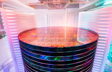 Evrensel bir kapsülde desenli silikon gofretler. Elektronik devre tasarımları fotolitografi de dahil olmak üzere mikromatizma kullanılarak gofretlerin üzerine inşa edilmiştir.