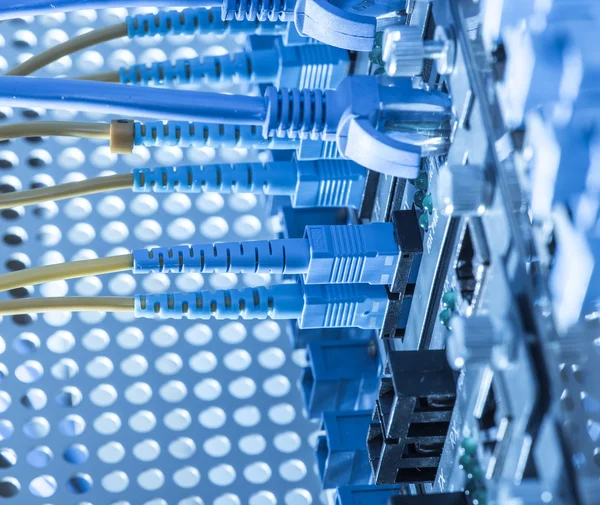 Fiber Optic cables connected to an optic ports and Network cable — Stock Photo, Image