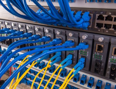 Fiber optik kabloların bağlı bir optik bağlantı noktaları ve ağ kablosu