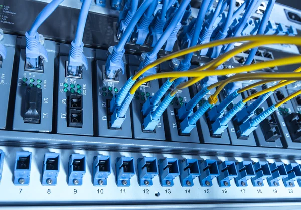 Fiber Optic kablar anslutna till en optik hamnar och nätverkskabel — Stockfoto