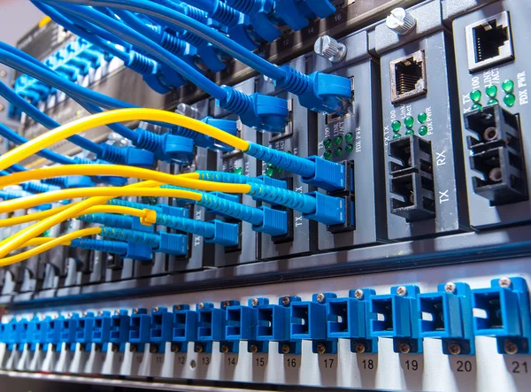 Fiber Optic cables connected to an optic ports and Network cable — Stock Photo, Image