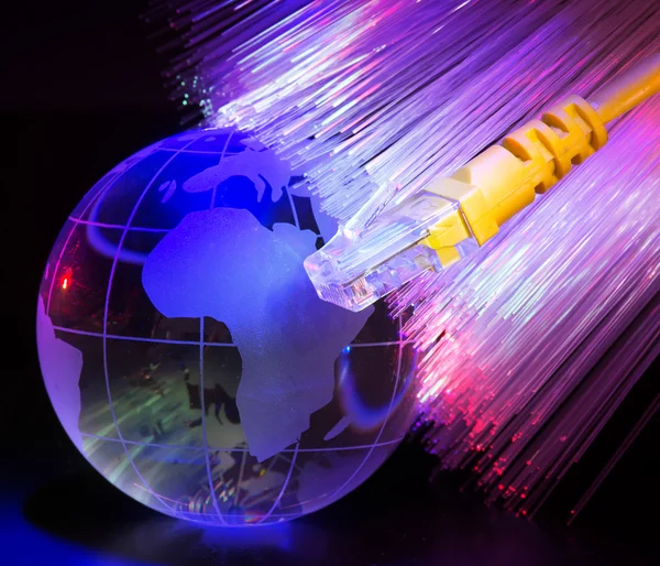 Glass earth with network against fiber optic background Stock Image