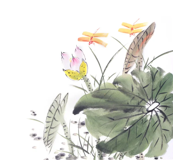 Lotus Yusufçuk Çin Tablosu — Stok fotoğraf