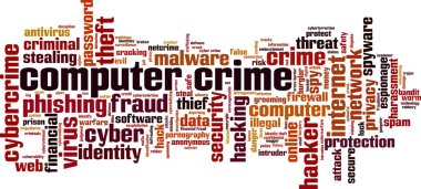 Bilgisayar suçu kelime bulut konsepti. Bilgisayar suçlarıyla ilgili kelimelerden oluşan kolaj. Vektör illüstrasyonu