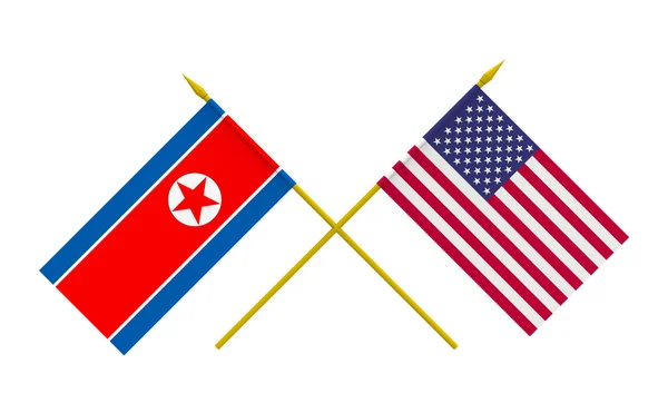 Bandeiras, Coreia do Norte e EUA — Fotografia de Stock