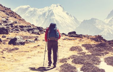 Himalaya Dağları'nda uzun yürüyüşe çıkan kimse