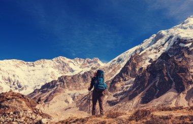 Himalaya Dağları'nda uzun yürüyüşe çıkan kimse