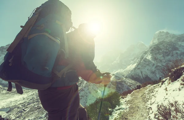 Wandelaar in bergen van de Himalaya — Stockfoto