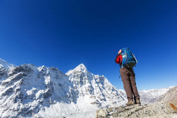 Escursionista sulle montagne dell'Himalaya — Foto Stock