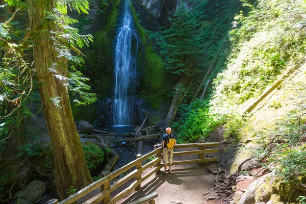 Mann in der Nähe eines Wasserfalls auf der Insel Vancouver — Stockfoto