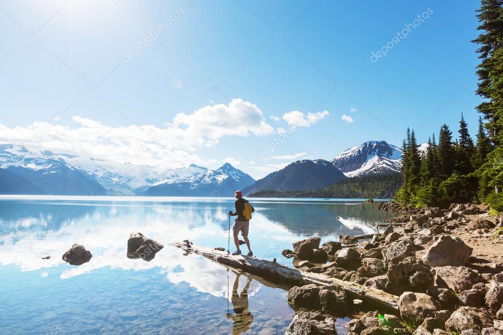 Hiking man in mountains