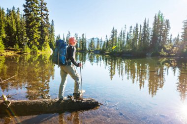 Bir adam sakin gölün yanında dinleniyor. Rahatlama tatili