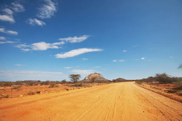 非洲稀树草原的黄色道路 肯尼亚 — 图库照片