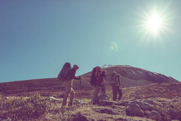 Gruppe Von Backpackern Wandern Den Bergen Outdoor Active Lifestyle Reisen — Stockfoto