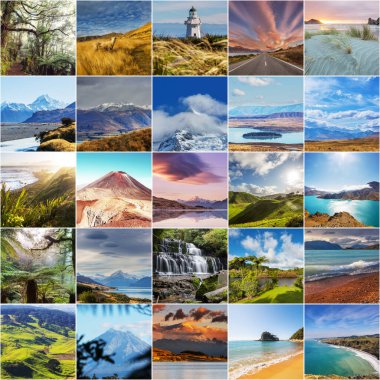Yeni Zelanda manzaralarının fotoğraf kolajı