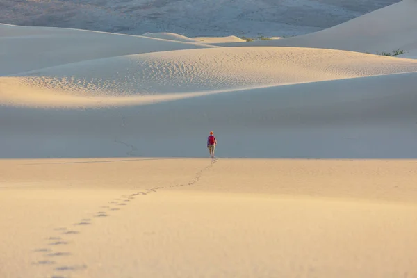 Randonneur Dans Désert Sable Heure Lever Soleil — Photo