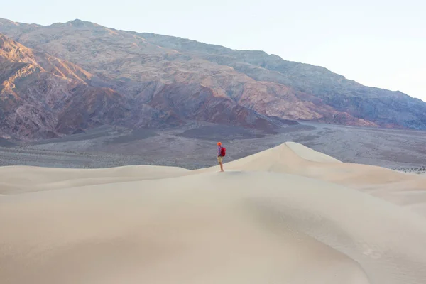 Caminhante Deserto Areia Hora Nascer Sol — Fotografia de Stock