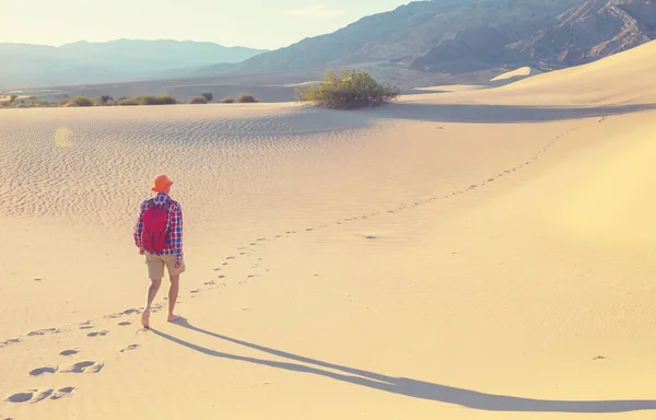 Caminhante Deserto Areia Hora Nascer Sol — Fotografia de Stock