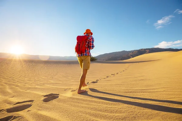 Randonneur Dans Désert Sable Heure Lever Soleil — Photo