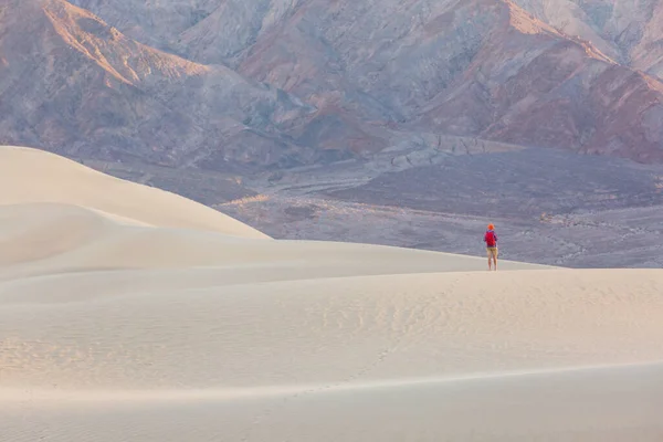 Randonneur Parmi Les Dunes Sable Dans Désert — Photo