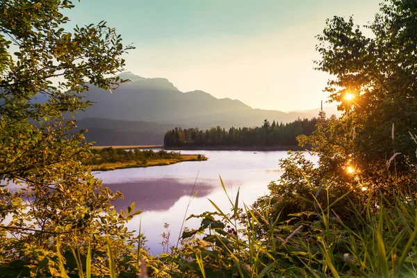 日没時にカナダの山の湖によるセレーンシーン — ストック写真