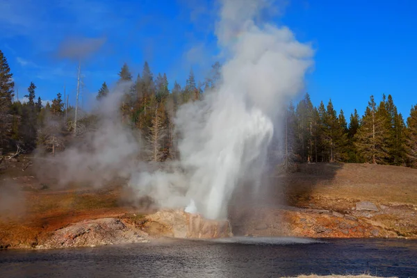 Utbrott Riverside Geyser Firehole River Yellowstone National Park Wyoming Usa — Stockfoto