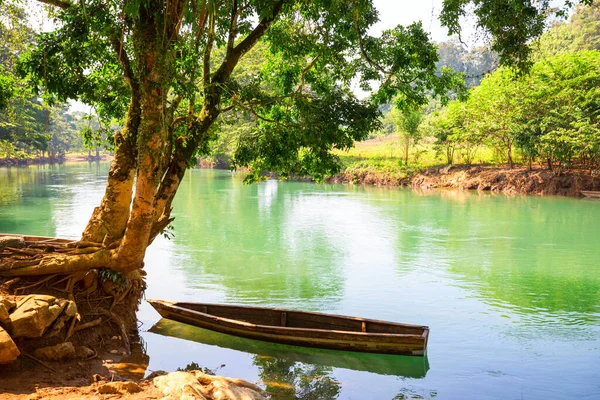 Träbåt Vacker Grön Flod Guatemala Centralamerika — Stockfoto