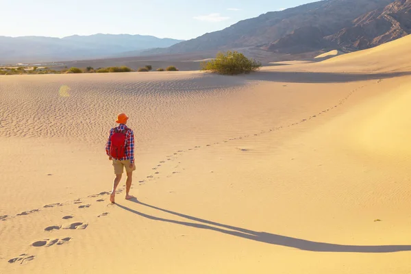 Randonneur Dans Désert Sable Heure Lever Soleil — Photo